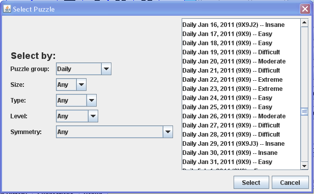 Puzzle Selection Dialog